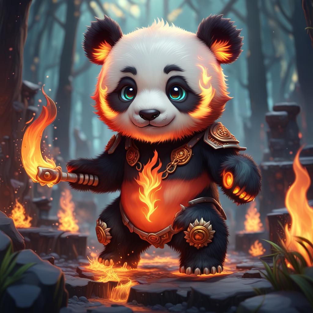 Chibi Fire Panda Bear Fantasy Art