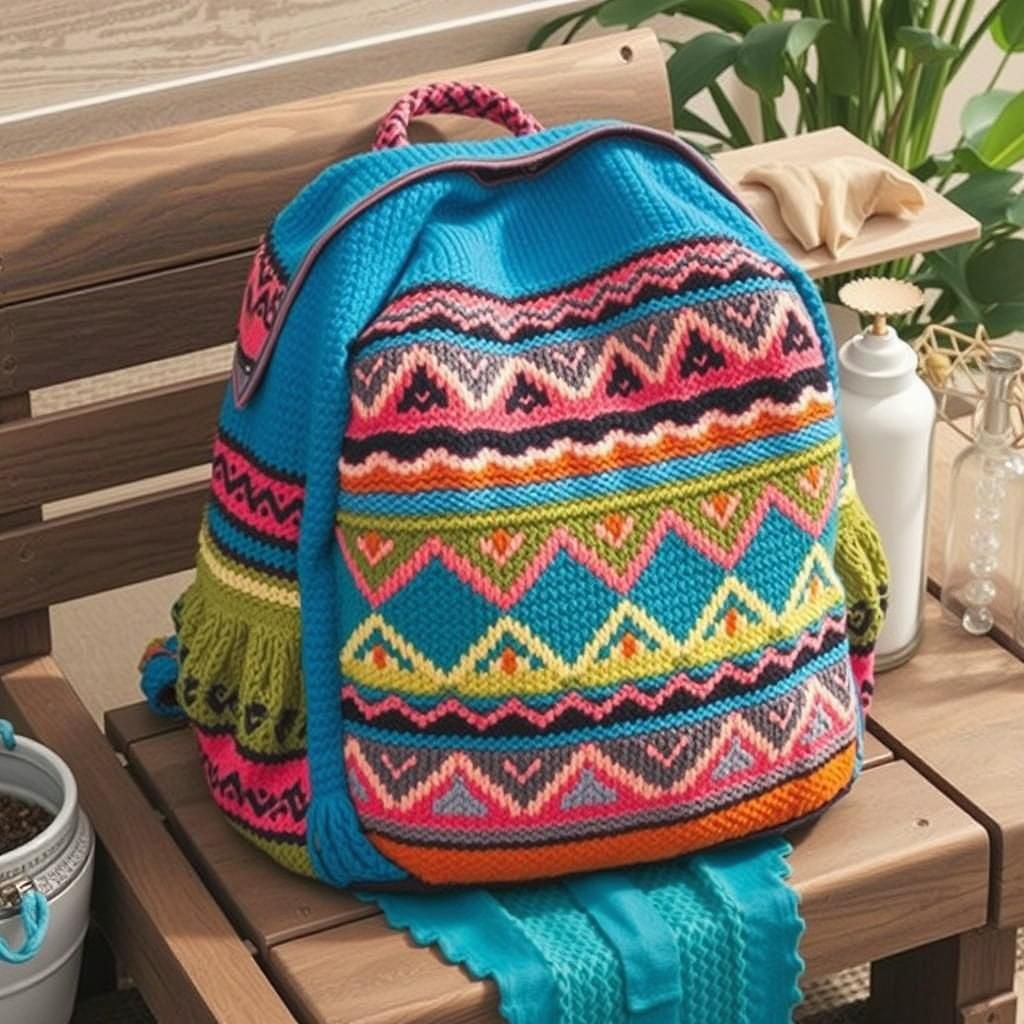 Colorful Knitted Chevron Backpack in Folk Art Style