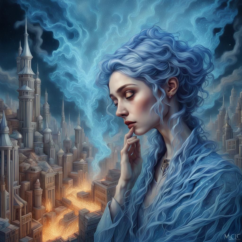 Sorrowful Wizard in Ethereal Techno Landscape