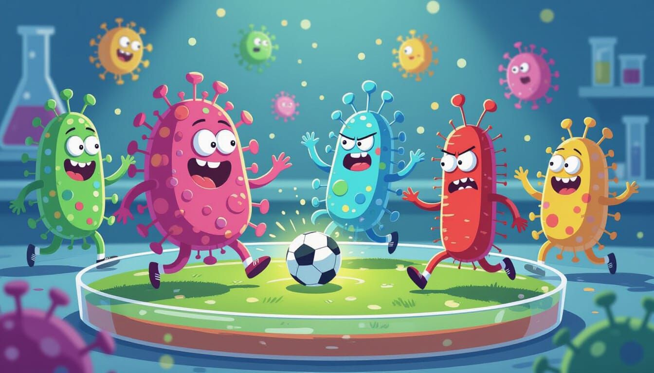 Microscopic Bacteria Play Chaotic Soccer in Neon Colors