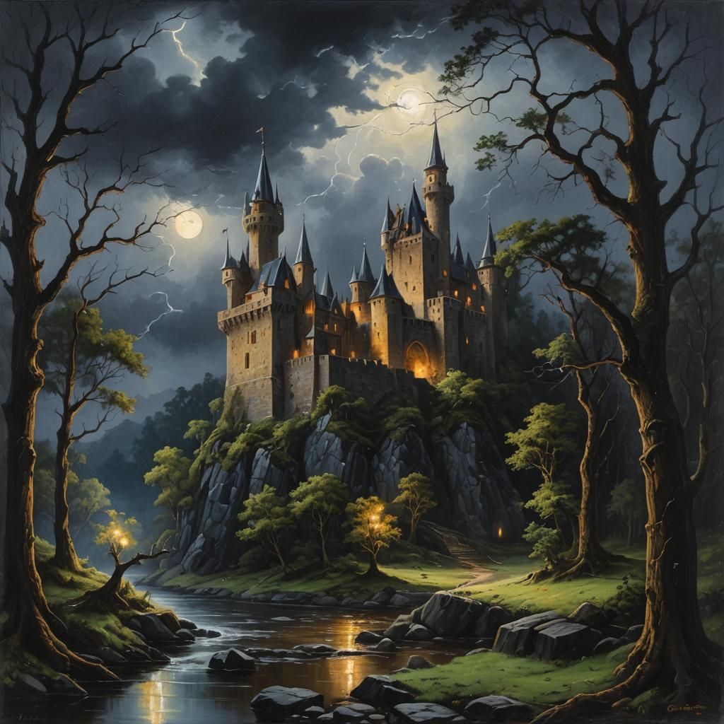 Medieval Castle in Dark Forest Oil Painting