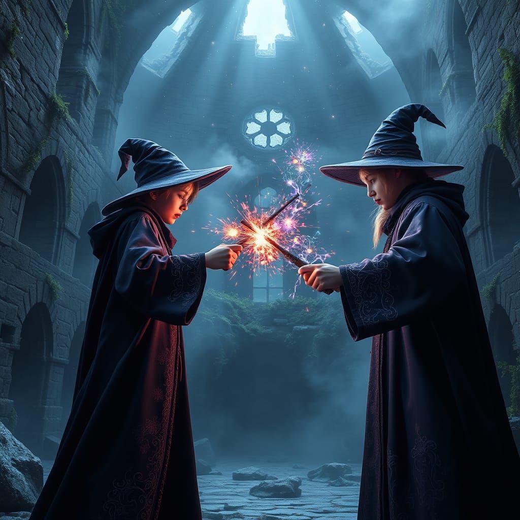 Wizard Duel in Castle Ruins: Fantasy Concept Art