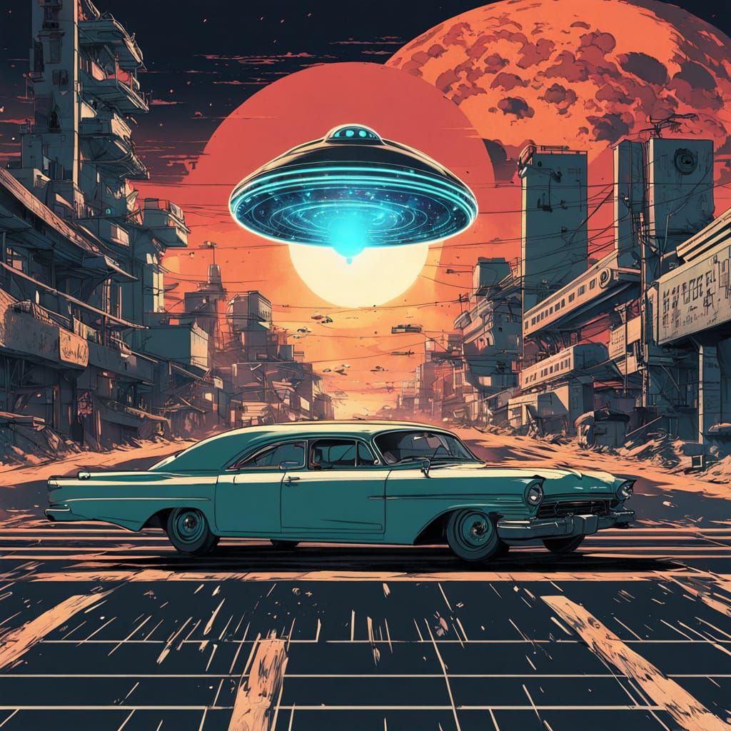 Retro-Futuristic UFO B-Movie Poster in Sell-Shading Style