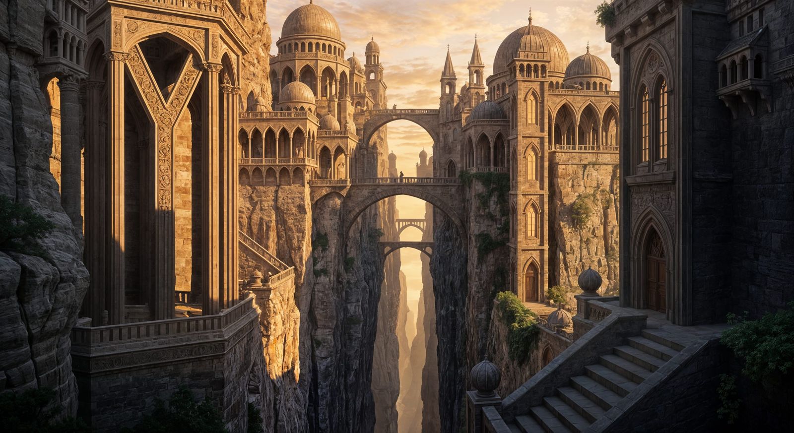 Gothic Middle Eastern City Carved into Cliffs at Sunset