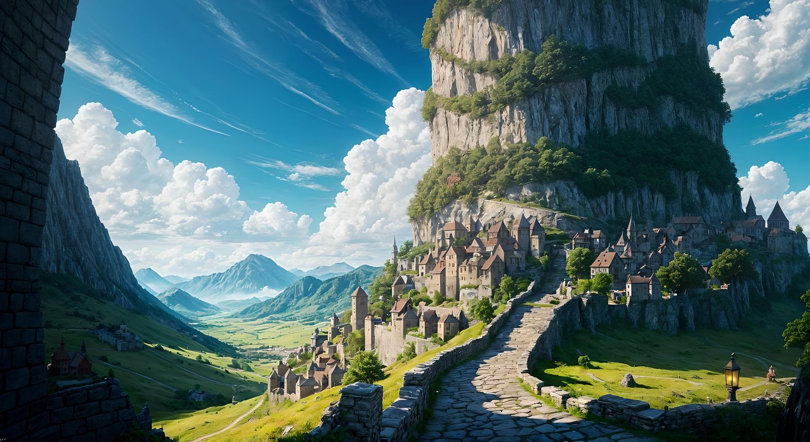 Fantasy Medieval City Under Mountain Cliff