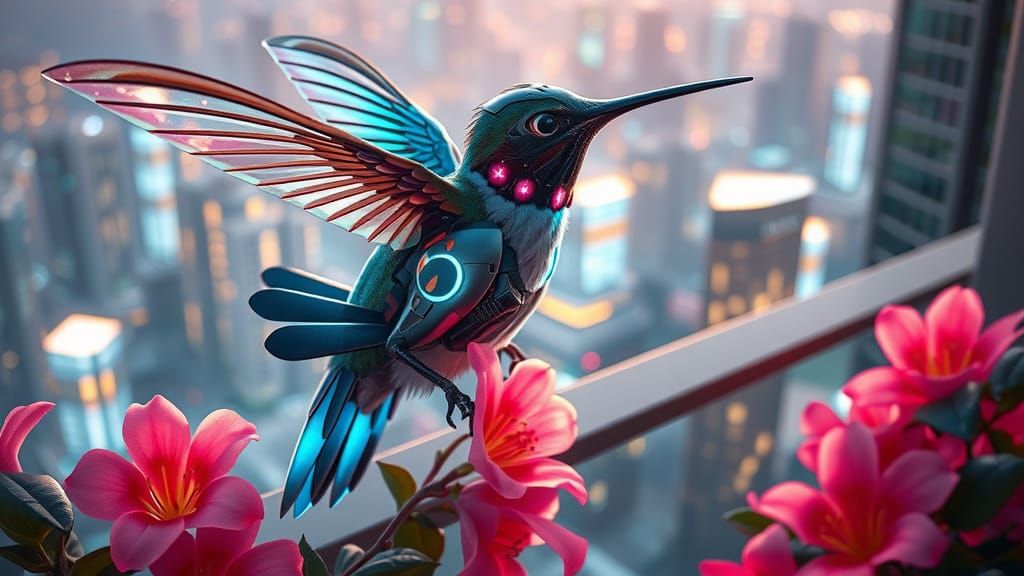 Cyberpunk Hummingbird on Balcony with Neon Flowers