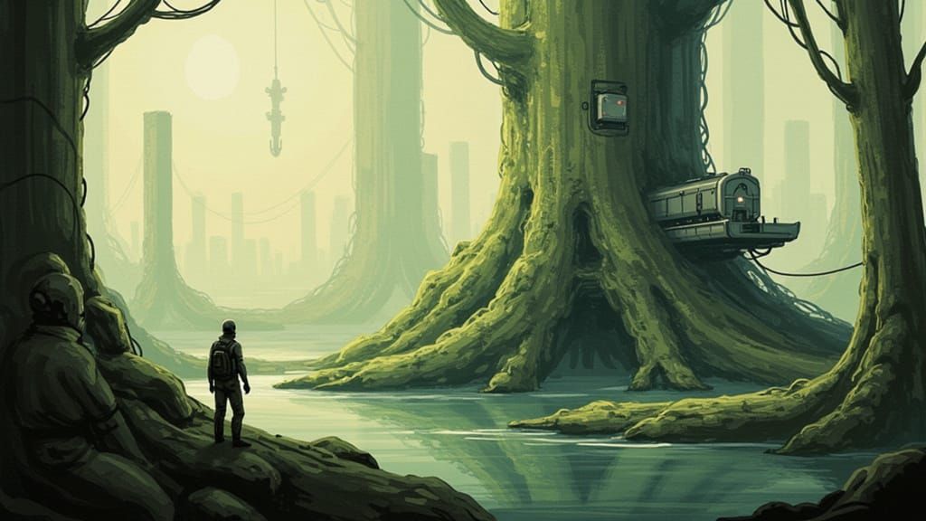 Futuristic City in Giant Tree: Art Nouveau Oil Painting