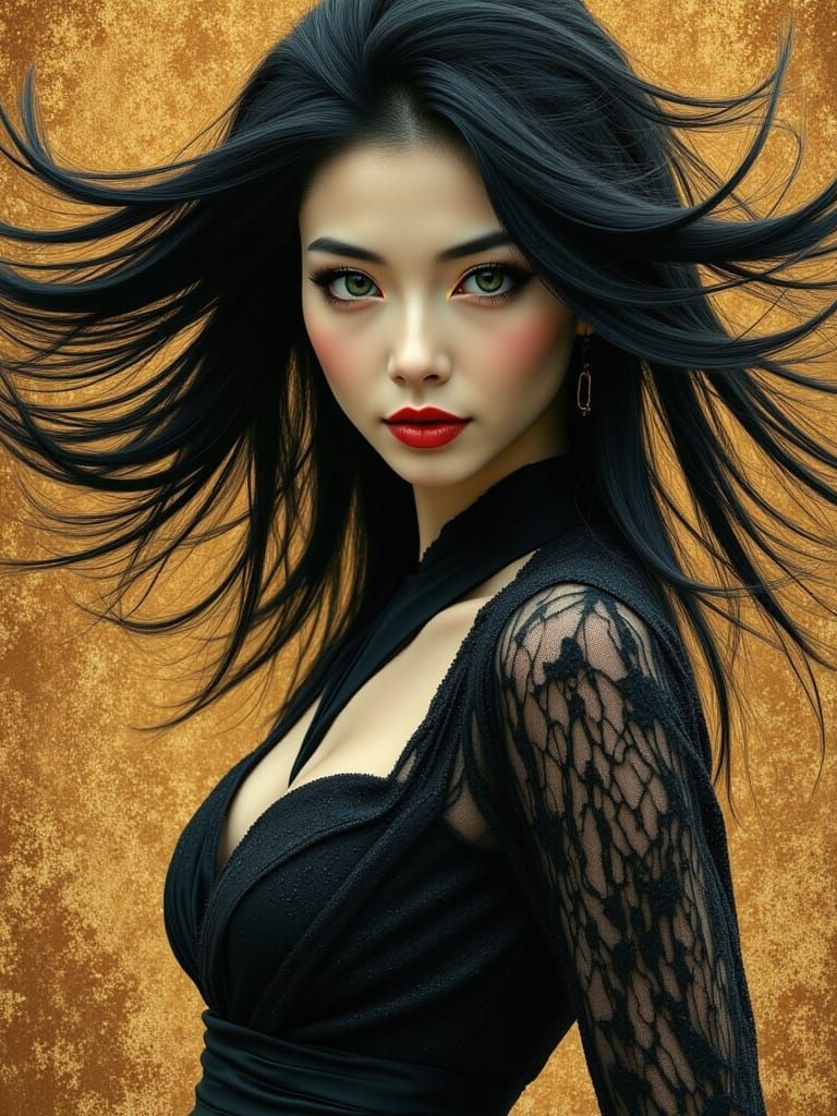 Enchanting Pin-Up Woman in Luminous Amber Paint