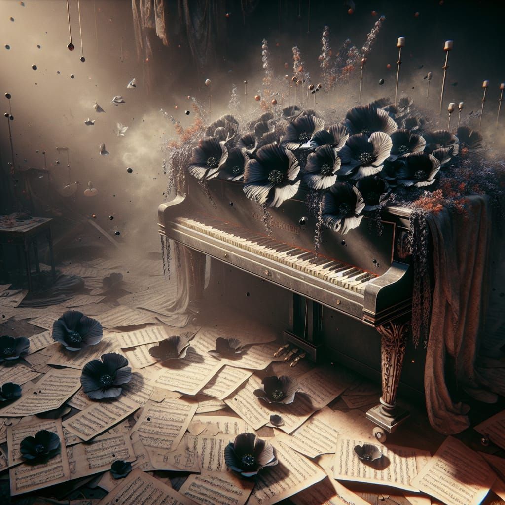 Dreamy Piano with Black Poppies: Matte Painting