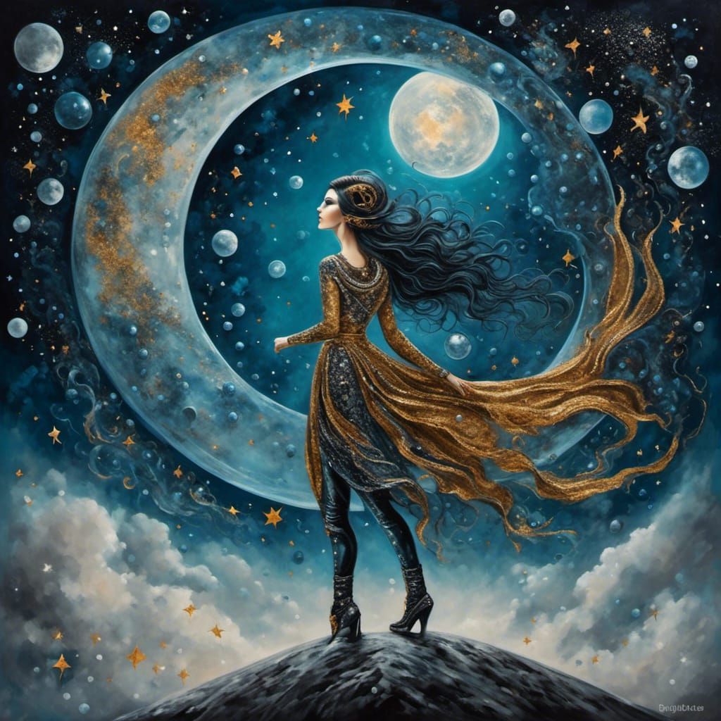 Girl on the Moon with Aliens in Galaxy