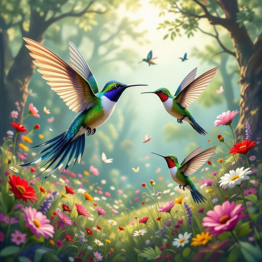 Fantasy Dragon Hummingbird and Forest of Flowers