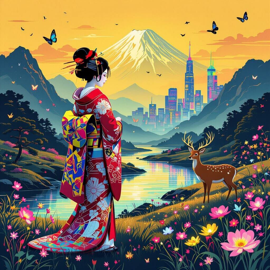 Geisha in Cyberpunk Kimono with Golden Landscape