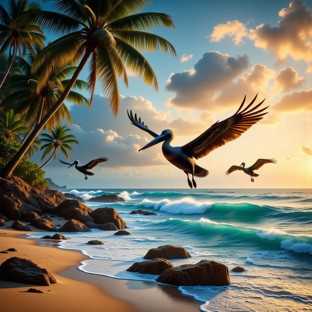 Pelicans Soar Above Tropical Beach Waves