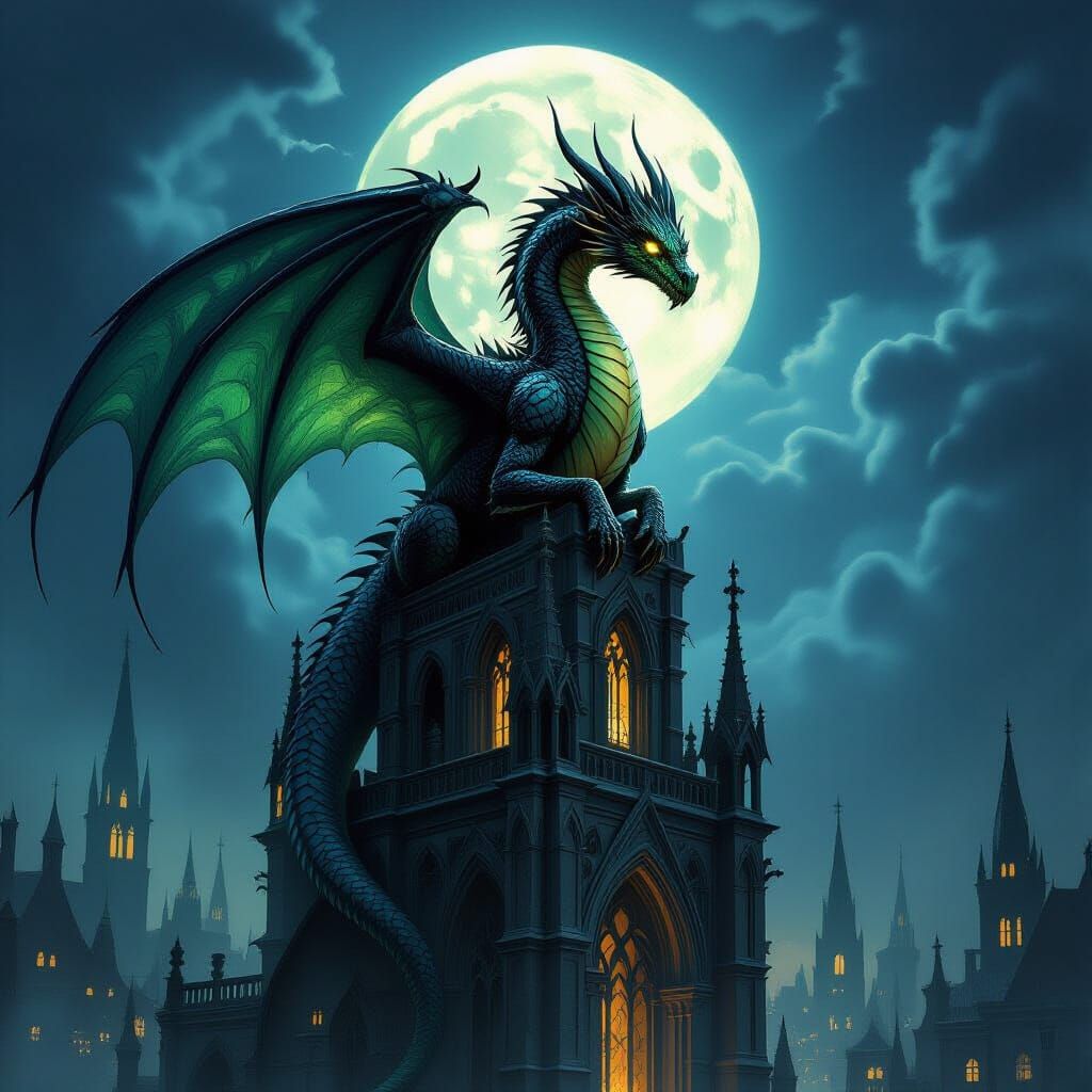 Dragon on Gothic Cathedral in Moonlight
