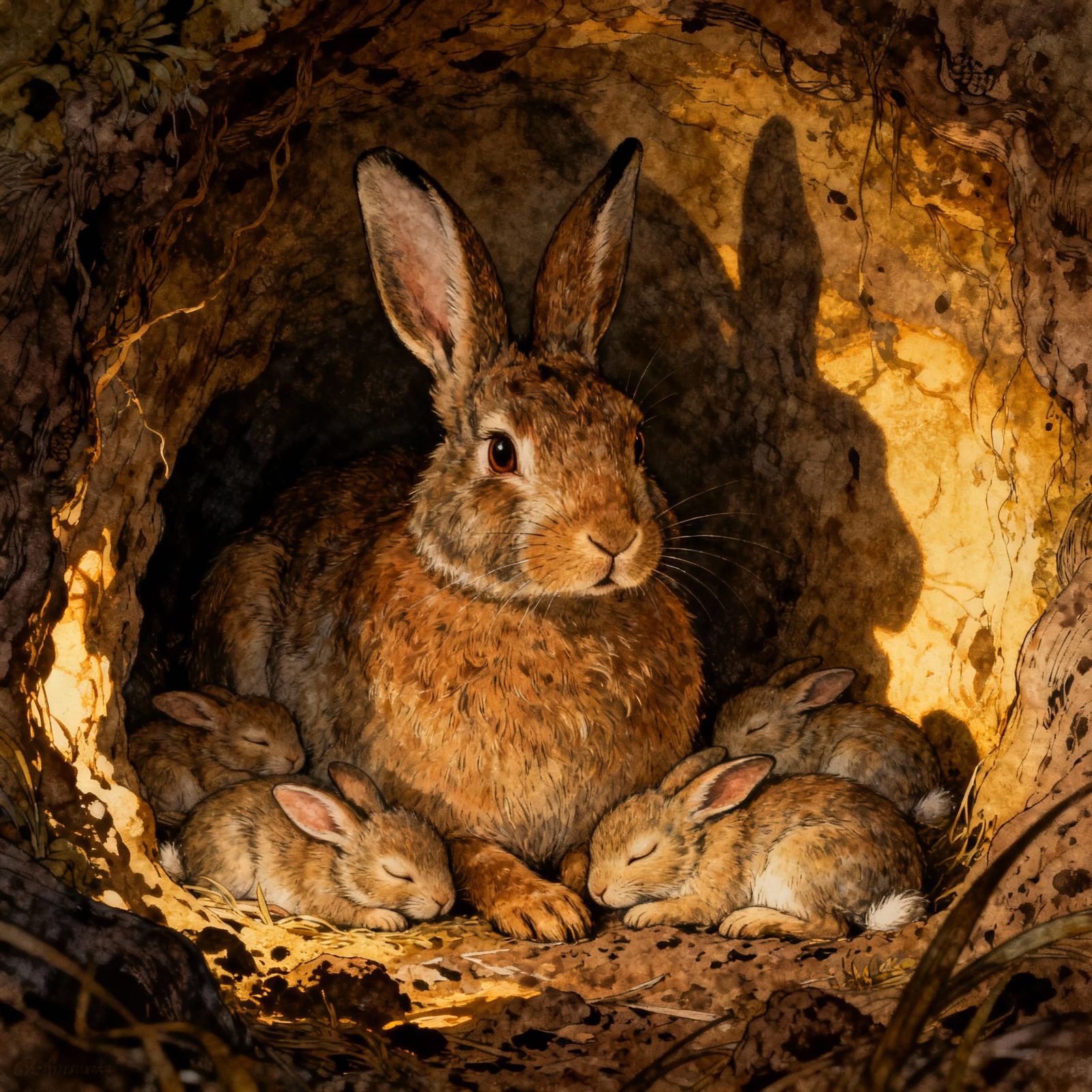 Mother Rabbit in Cozy Burrow With Sleeping Babies