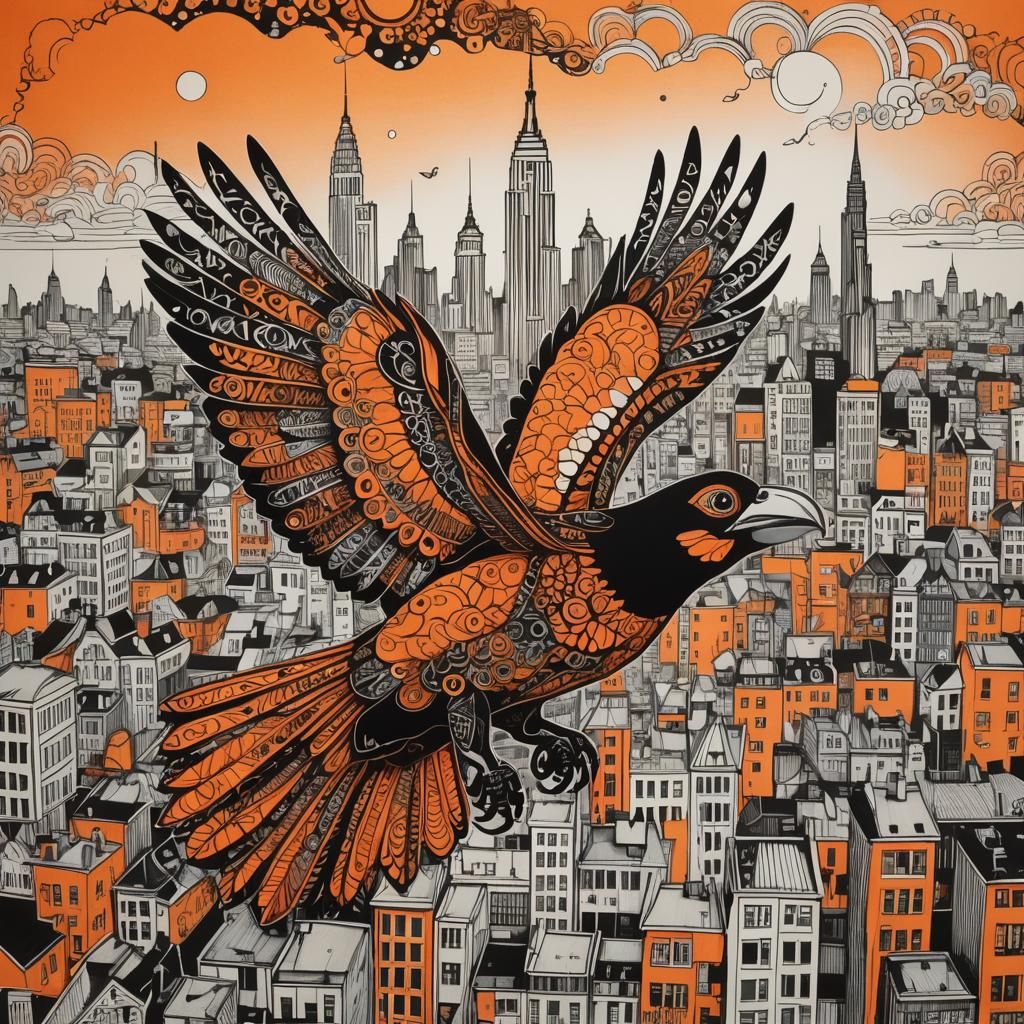 A  big Bird  flying above the  city