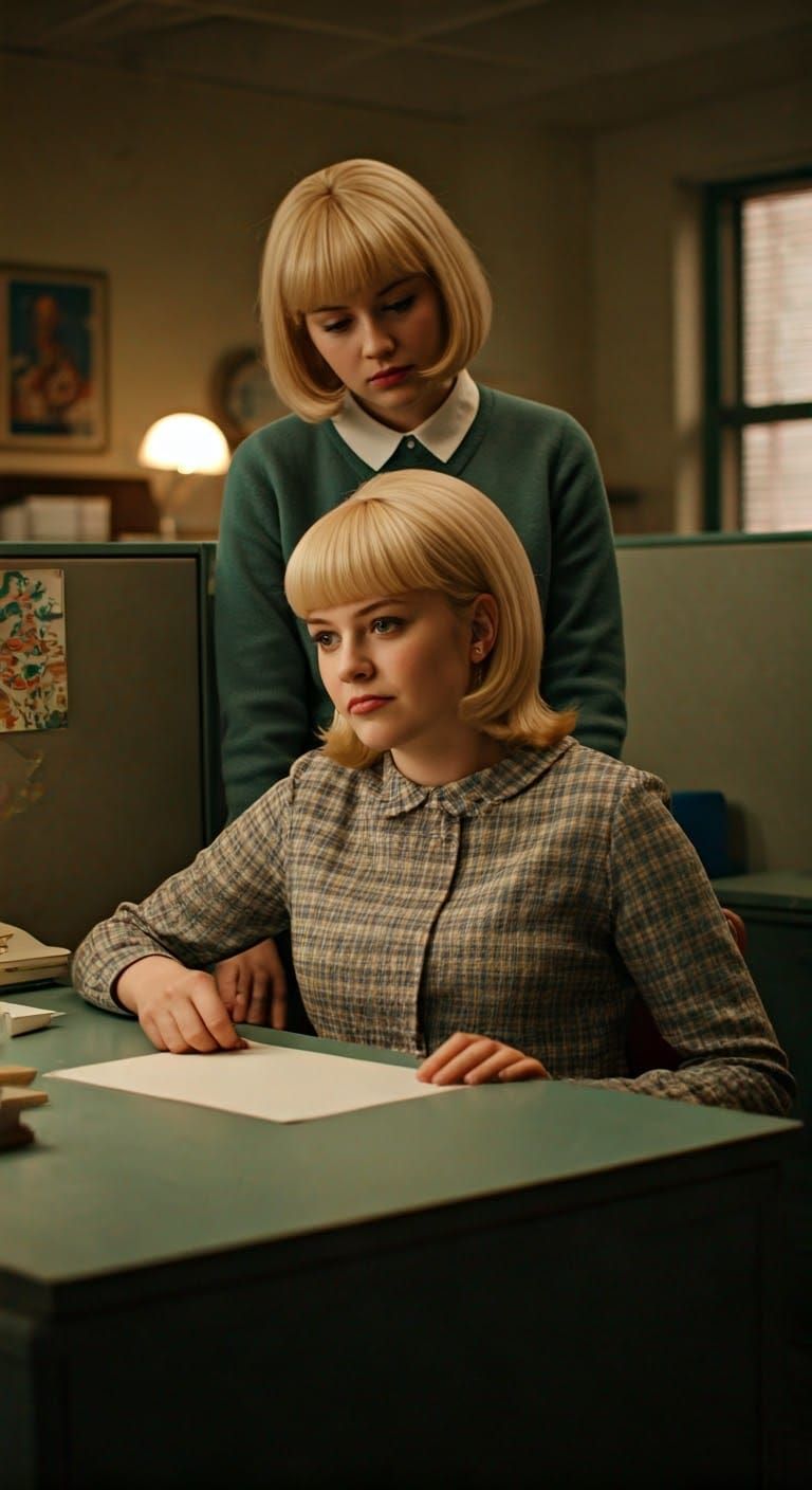 Swinging London Office Cubicle, 1960s Cinematic Still, Grain...