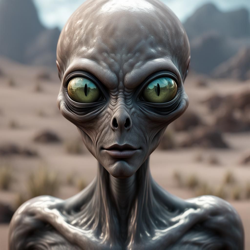 Realistic 3D Grey Alien with Black Eyes