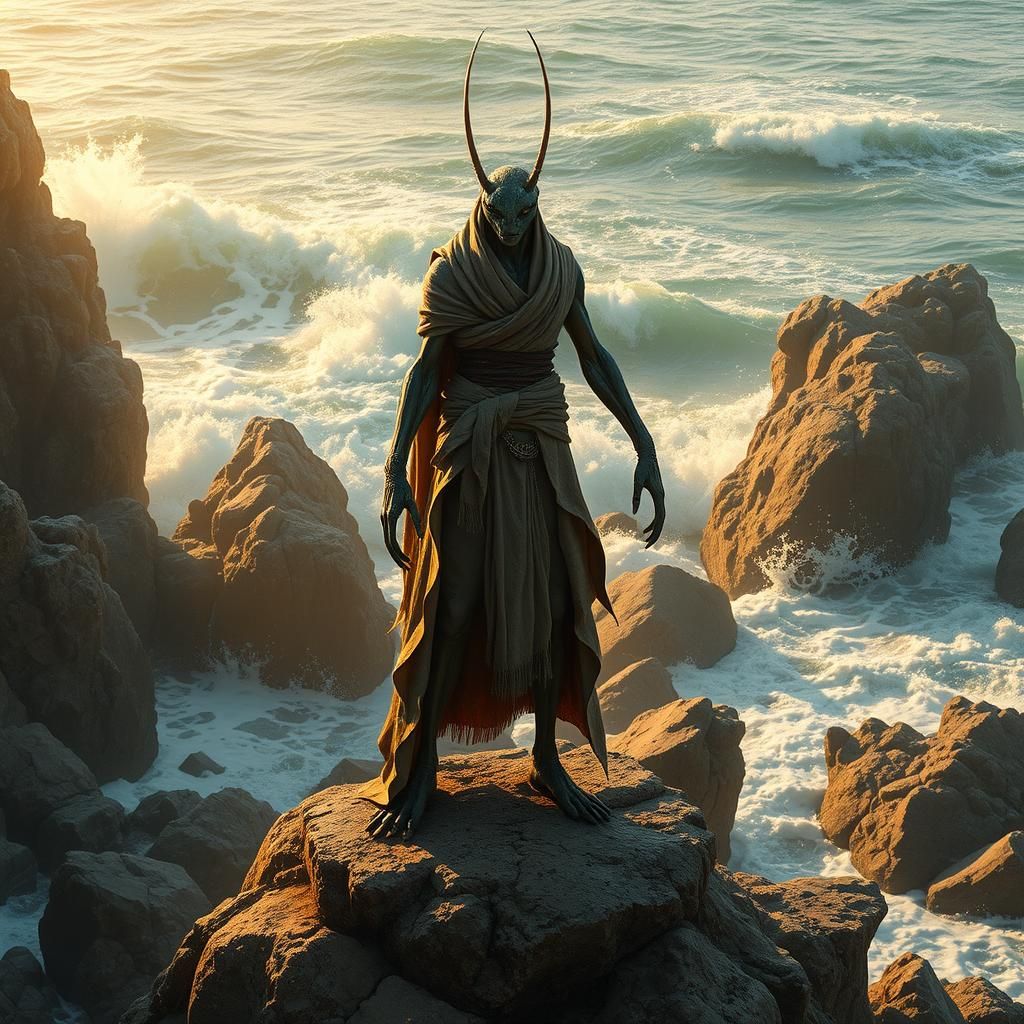 Mantis-Faced Alien on Seashore in Detailed Matte Painting