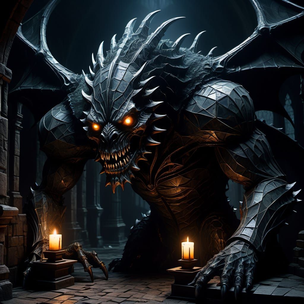 Ethereal Mosaic Monster in Dark, Gothic Caverns