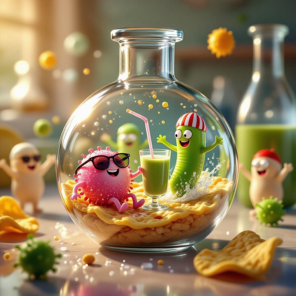 Microbial Beach Party in Glass Flask: Photorealistic Macro S...