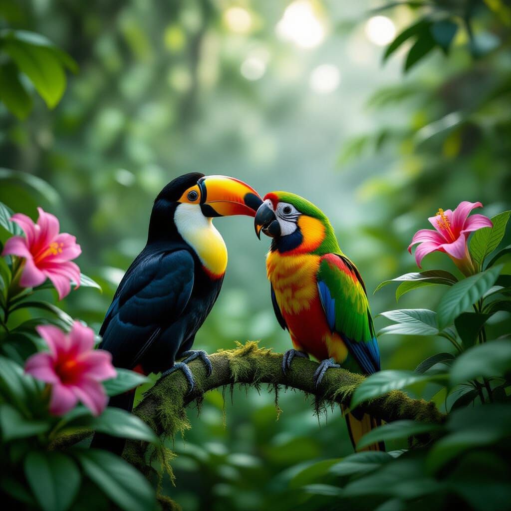 Colorful Toucan and Macaw in Jungle Film Still