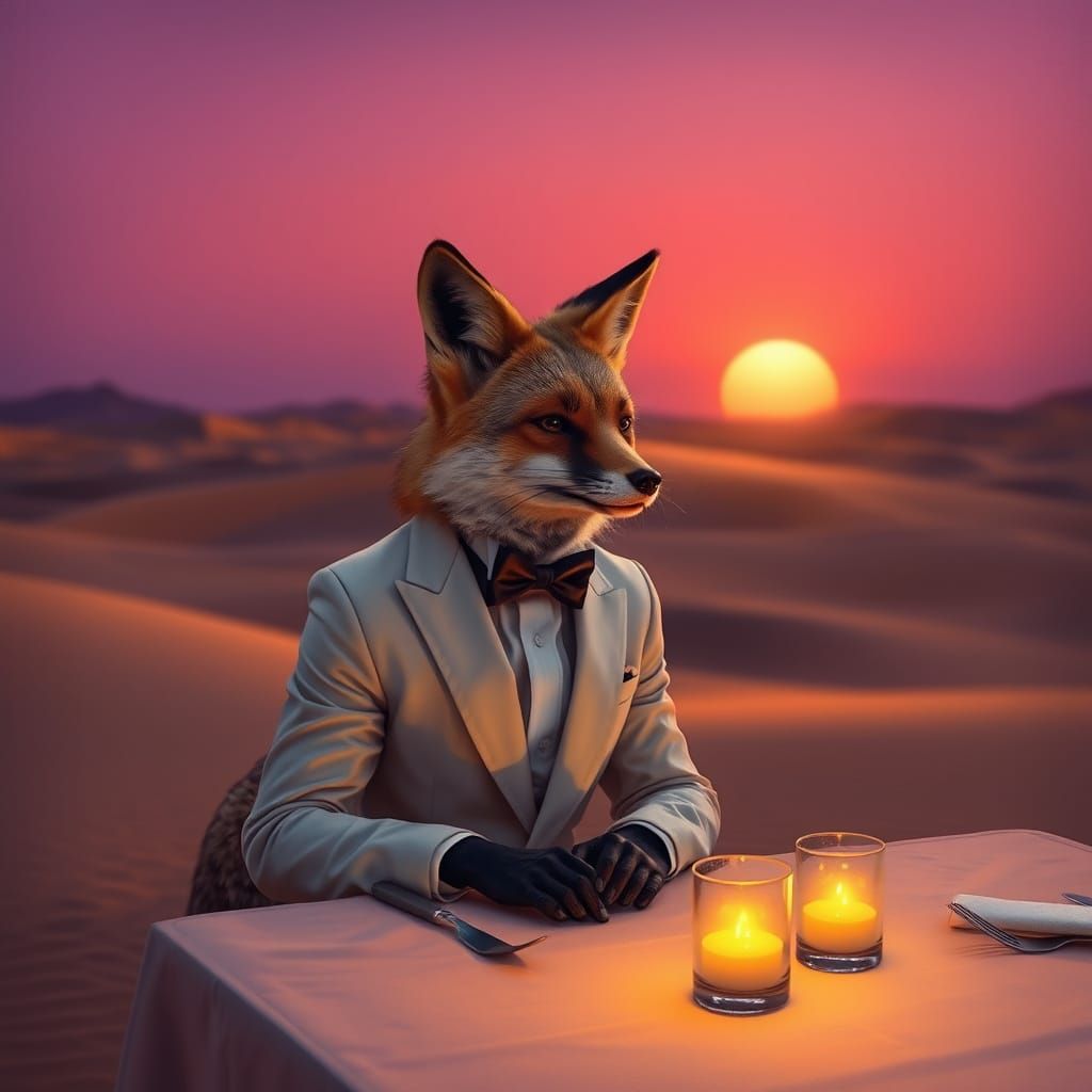 Dashing Fox in Tuxedo at Desert Dinner