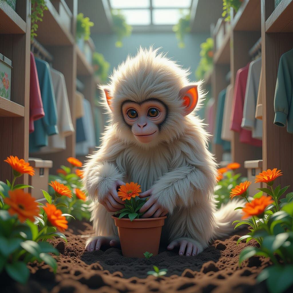 Fluffy Monkey Gardening in a Closet
