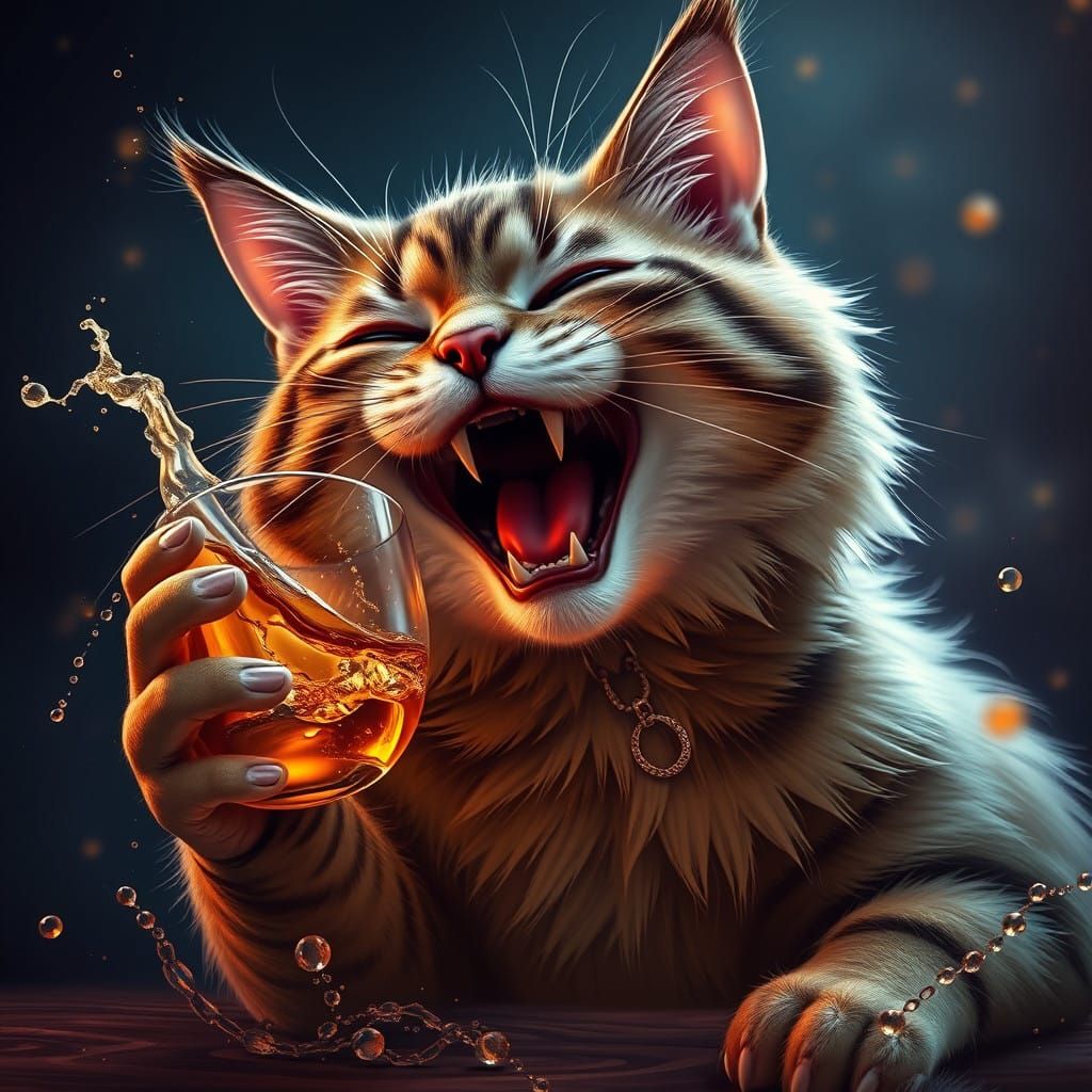 Fantastical Feline Savoring a Whisky Shot in a Dreamy, Detai...
