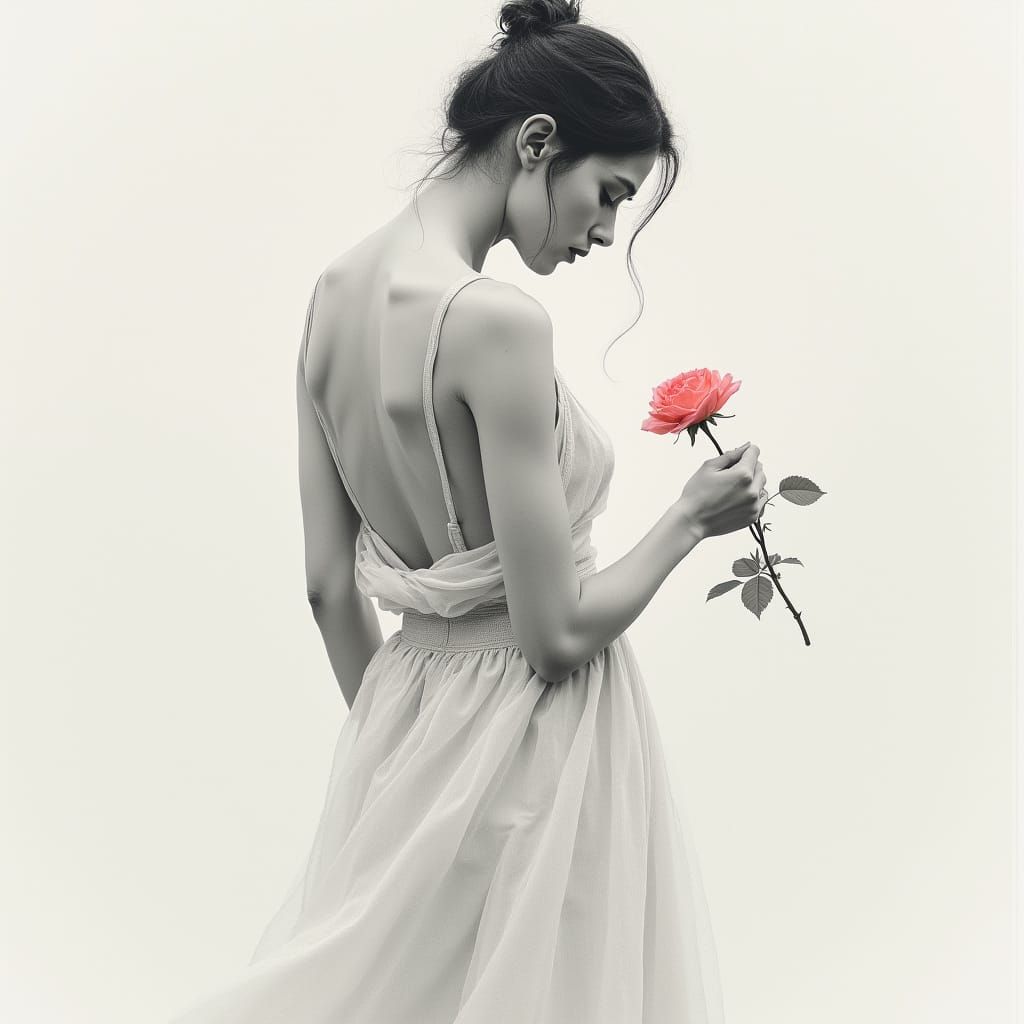 Serene Figure Cradles a Vibrant Rose in a Grayscale Landscap...