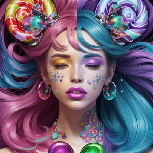 Vibrant Candy Landscapes: Multicolored Being with Heart-Shap...