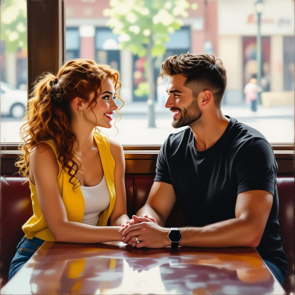 Couple Flirting in Cafe, Oil Painting