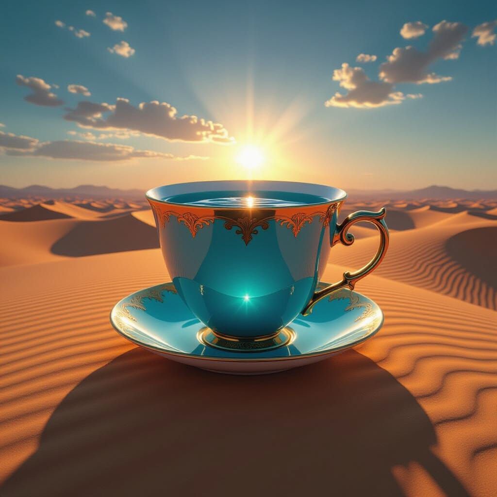 Giant Ornate Teacup in Sun-Scorched Desert