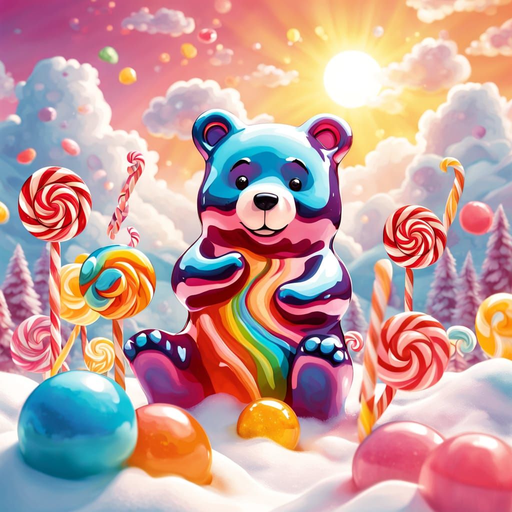 Colorful Cartoon Gummy Bear Surrounded by Candy in a Dreamy ...
