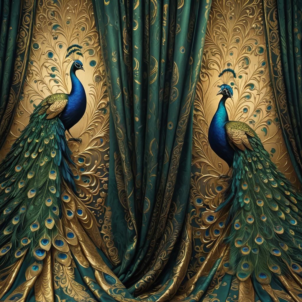 Peacock Curtains with Golden Accents: Fantasy Art
