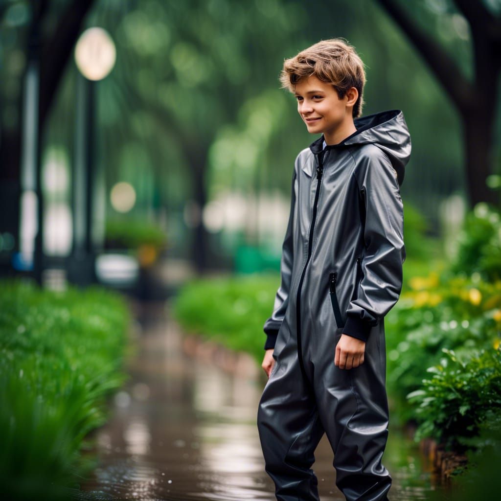 Boy in Sport Jumpsuit in Rainy City Park