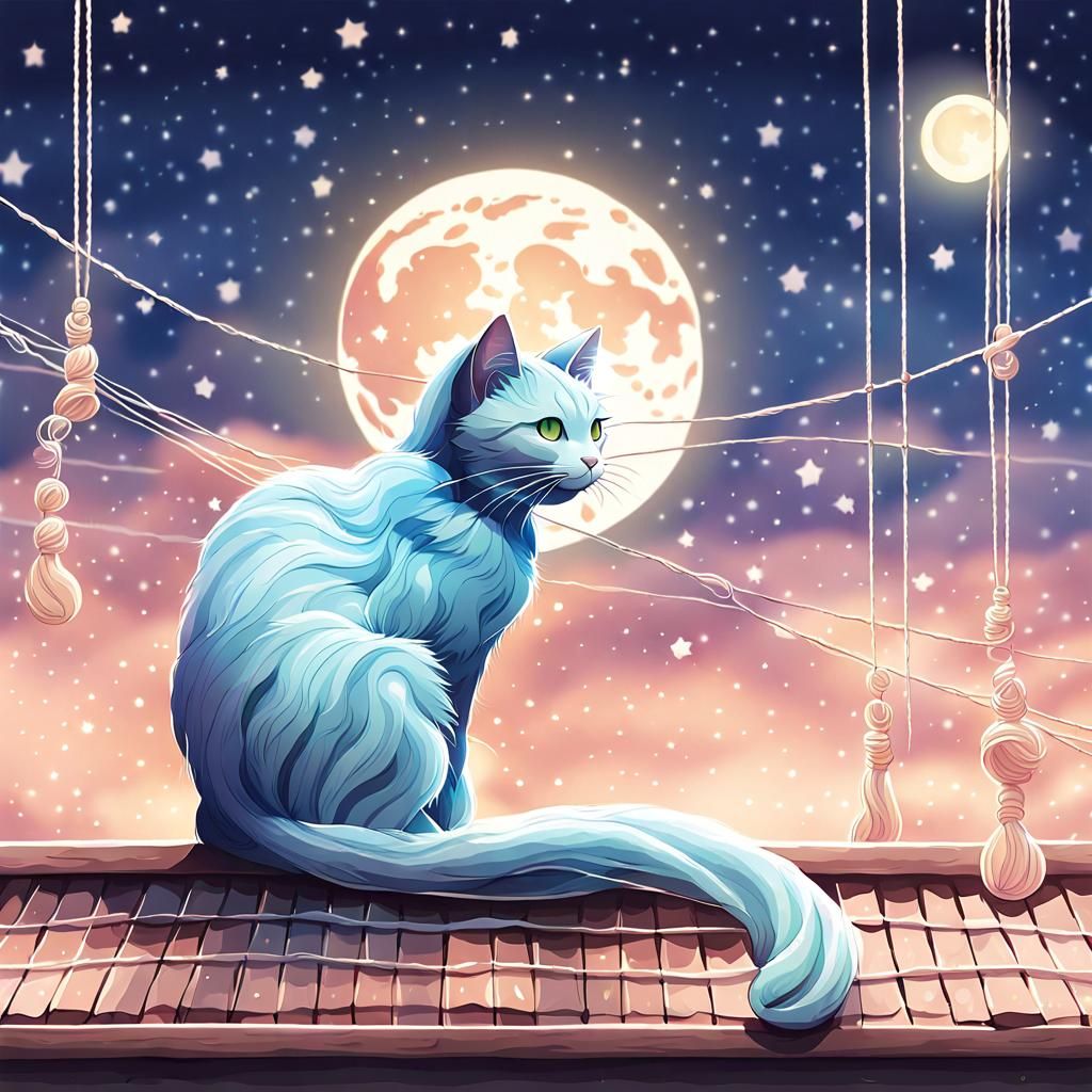 String Cat on String Roof: Whimsical Digital Art