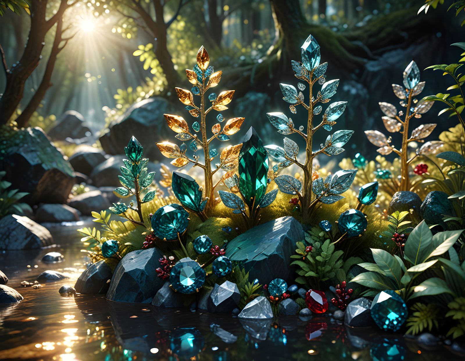 bejeweled Forest filled with gemstones, gemstones everywhere, trees made of crystal, leaves made of bejeweled emeralds, ...