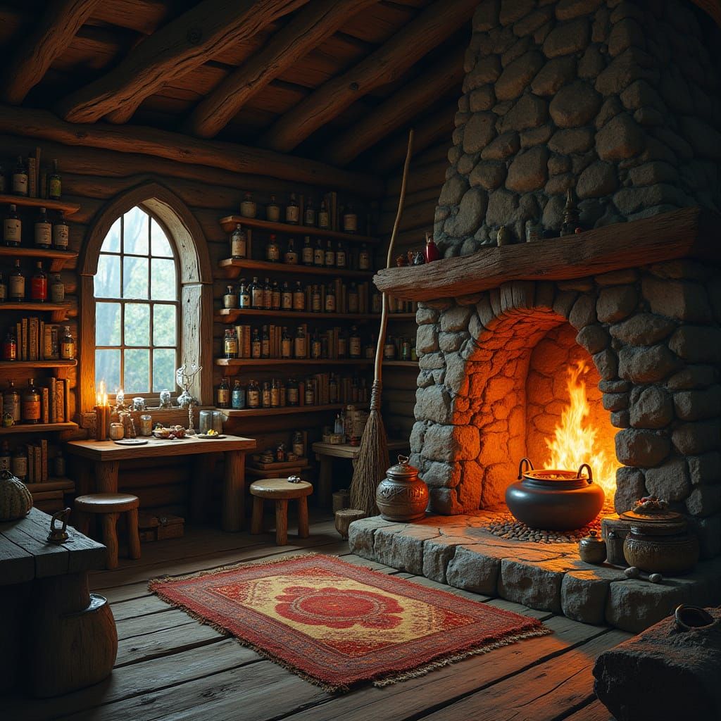 Cozy Witch's Hut with Shelves of Ancient Tomes