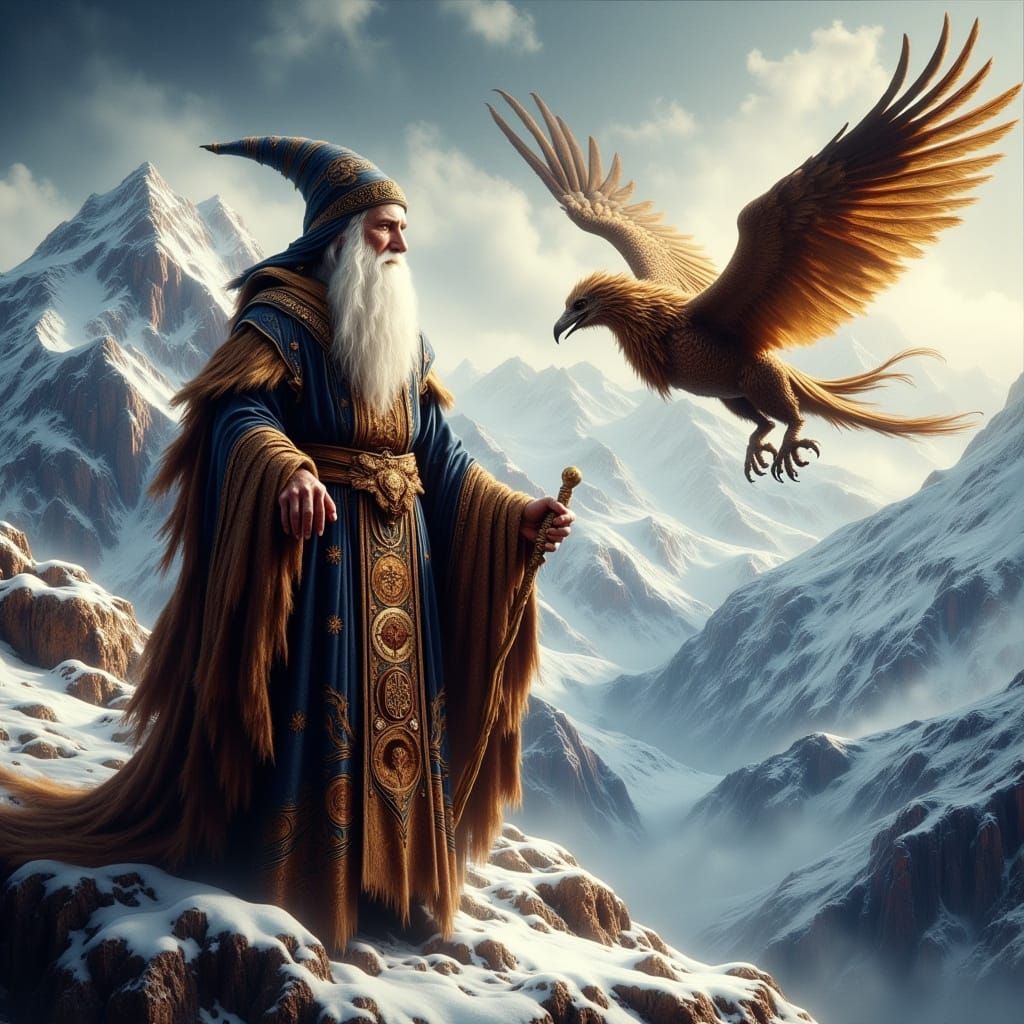 Wizard and Griffin in Classical Oil Painting Style