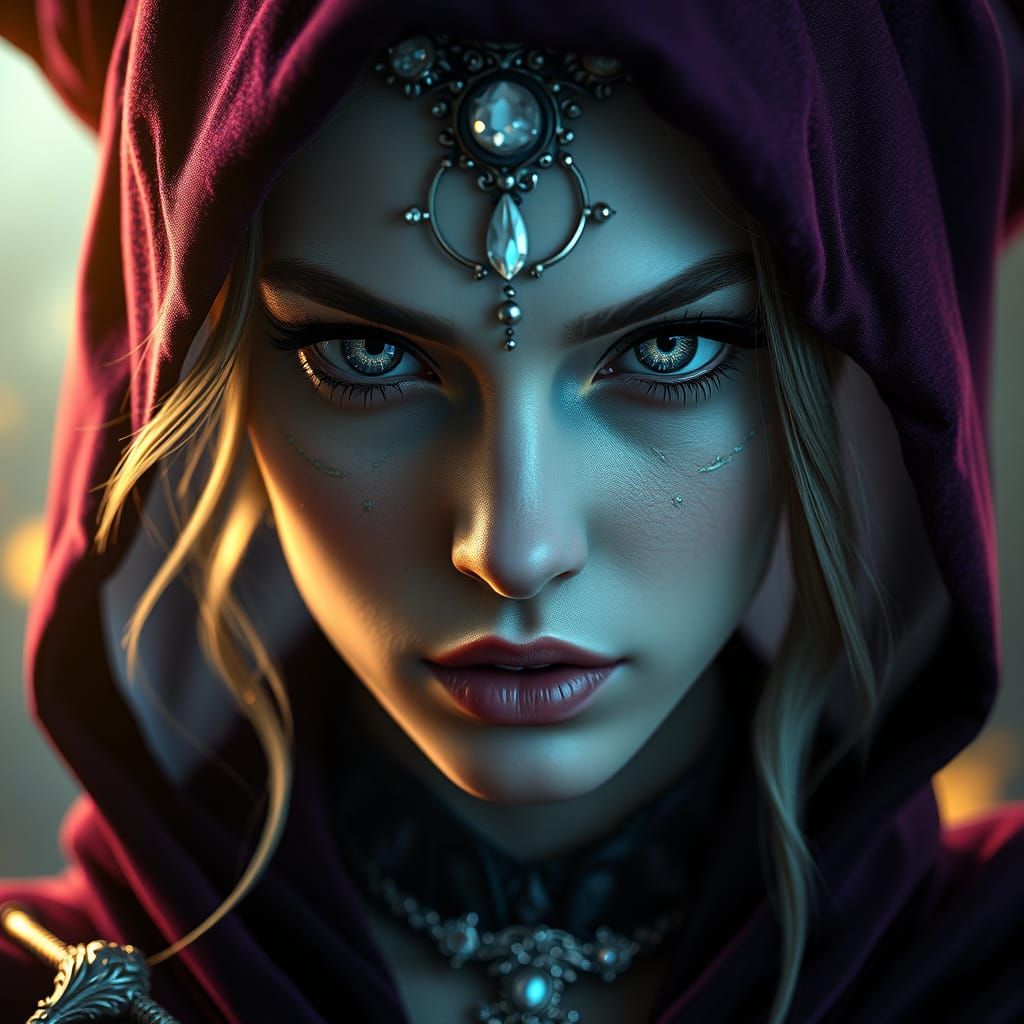 Surreal Dark Fantasy Witch in Velvet Cloak