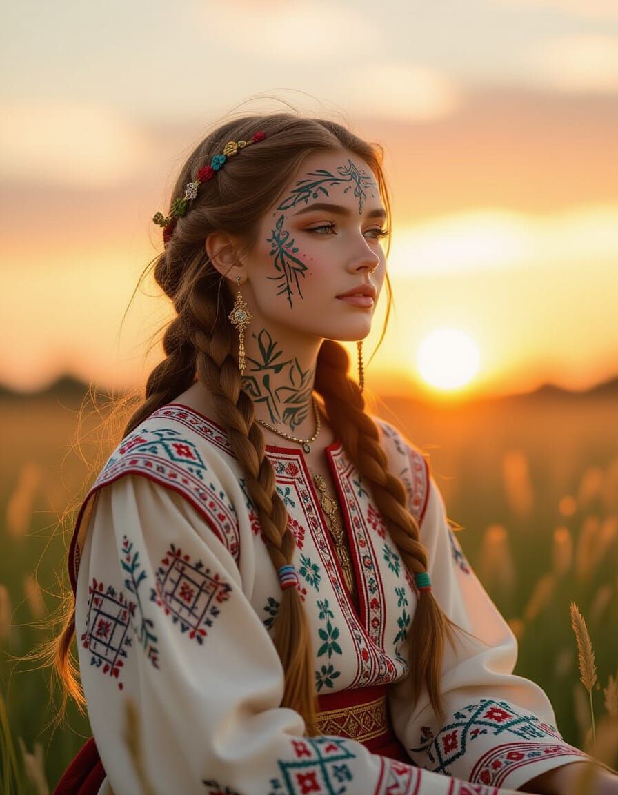 Norse Girl with Slavic Tattoos in Sunlight, Delicate Art