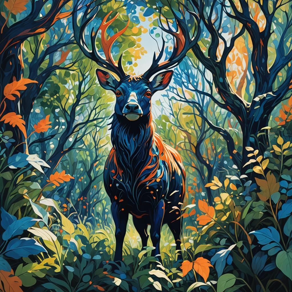 Fantastical Creature in Expressionist Nature Scene