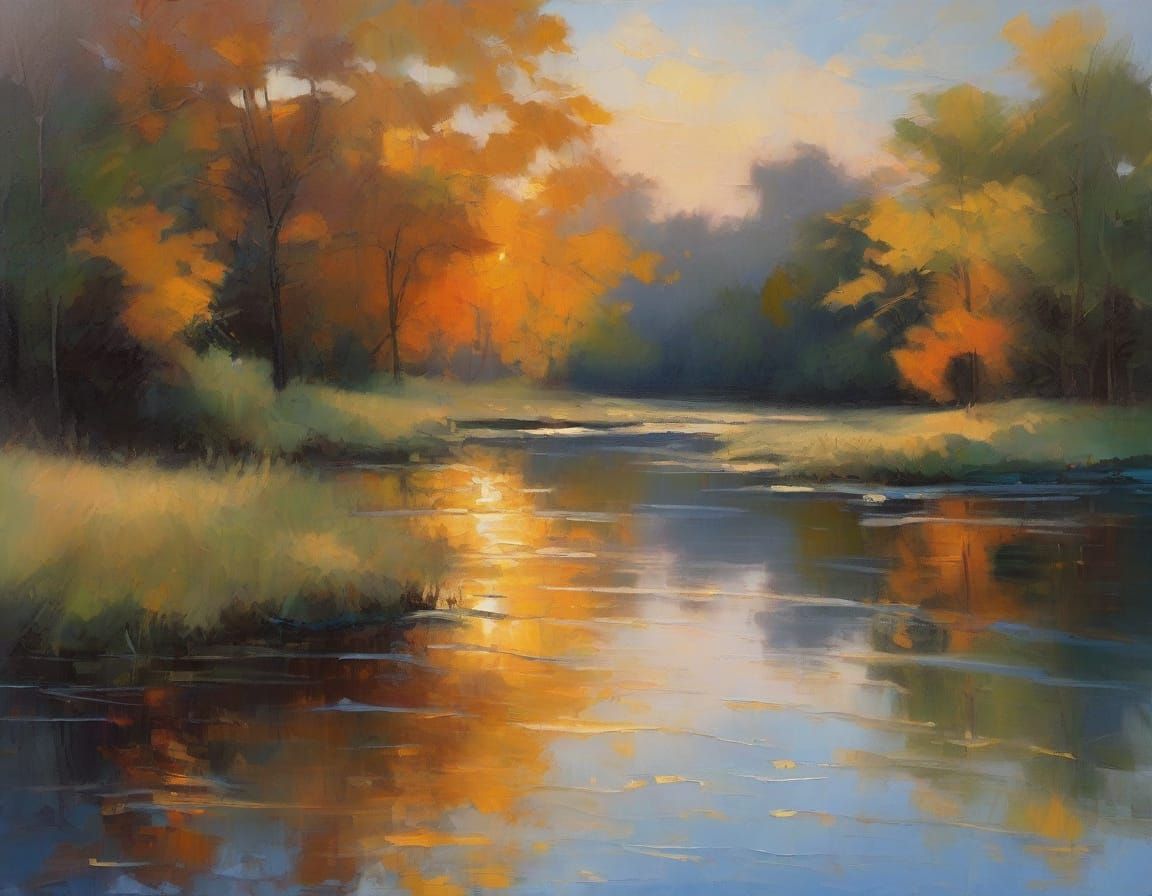Tranquil Pond at Twilight: An Impressionist Oil Painting