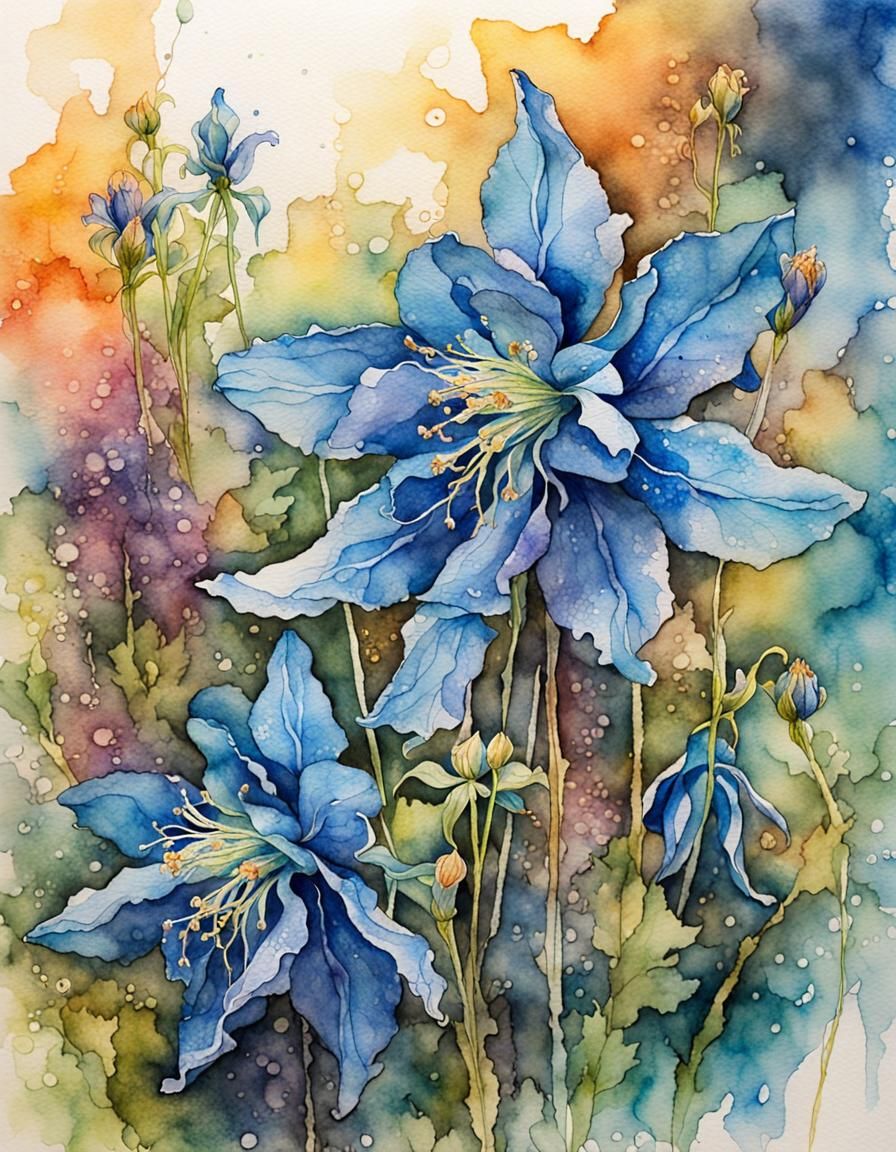 Ink and watercolor illustration of Rocky Mountain blue columbine flowers close up : color corrected split complementary ...