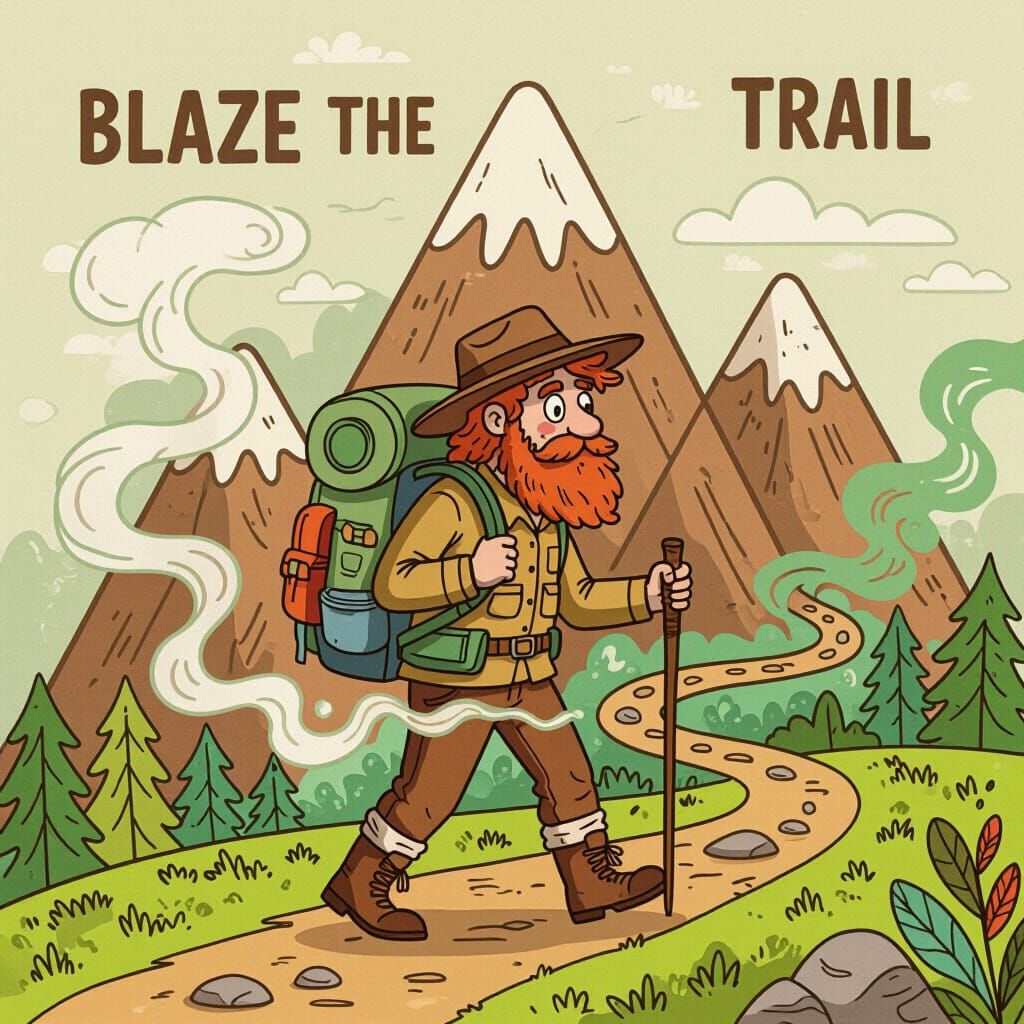 Whimsical Cartoon Mountain Scene with Stoner Hiker