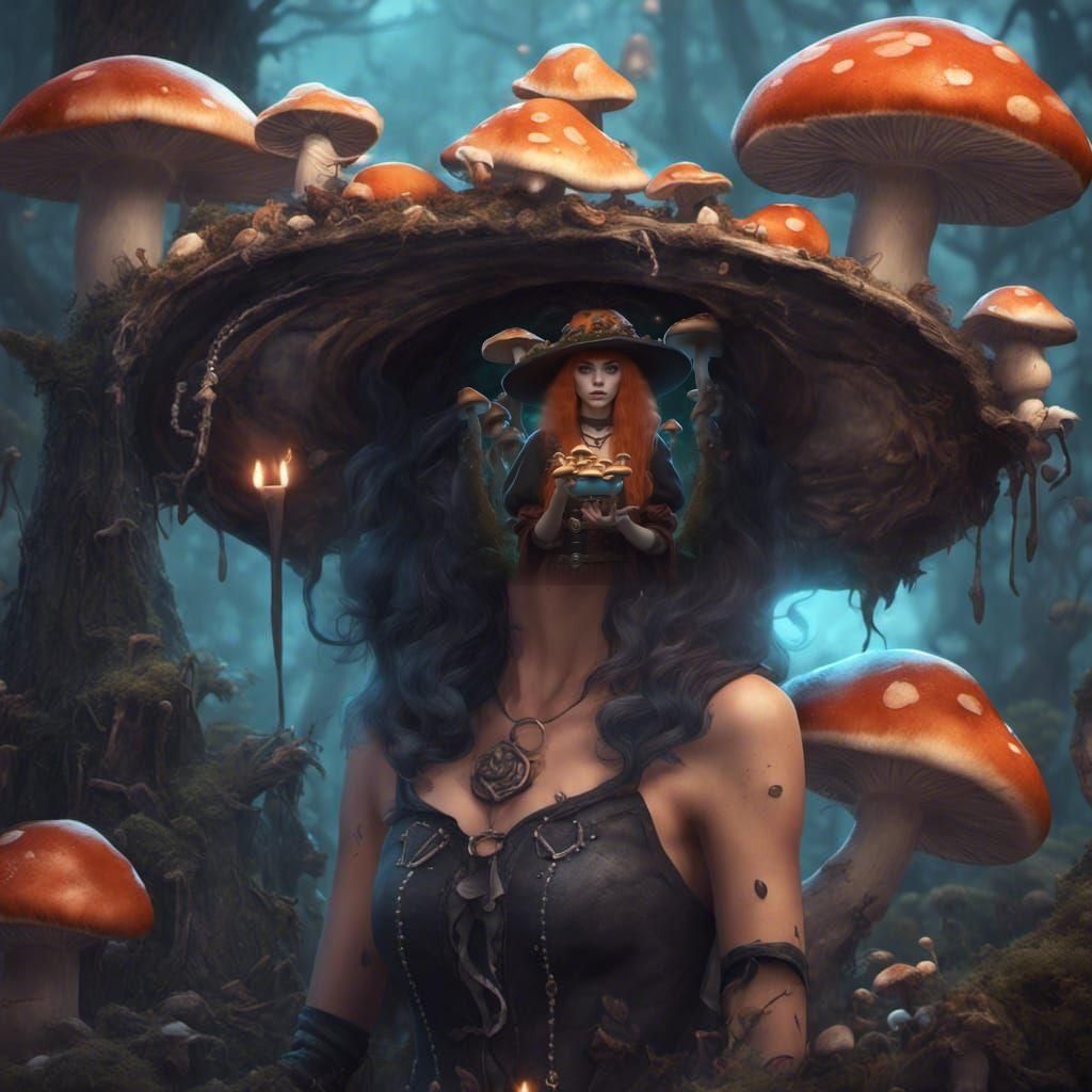 Whimsigothic Witchy Girl with Mushrooms in Detailed Painting