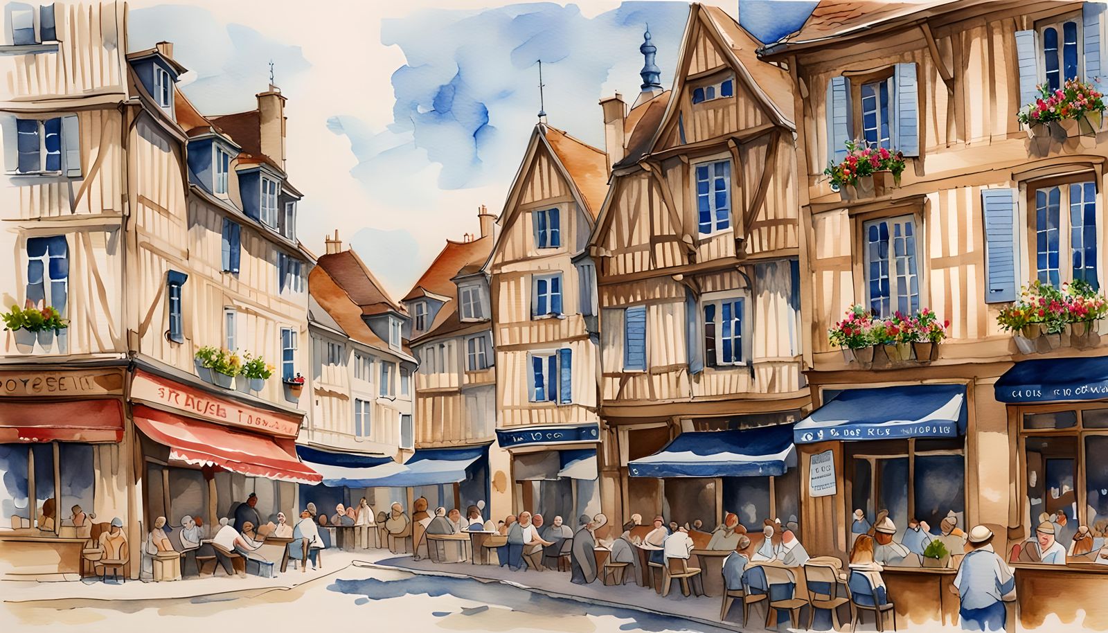 Watercolor Painting of Troyes on a Summer Day
