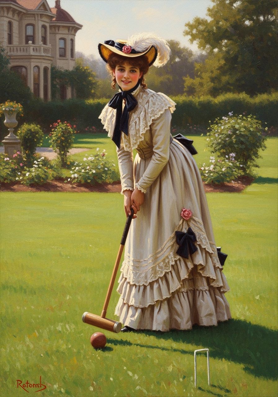 Victorian Woman Playing Croquet Oil Painting
