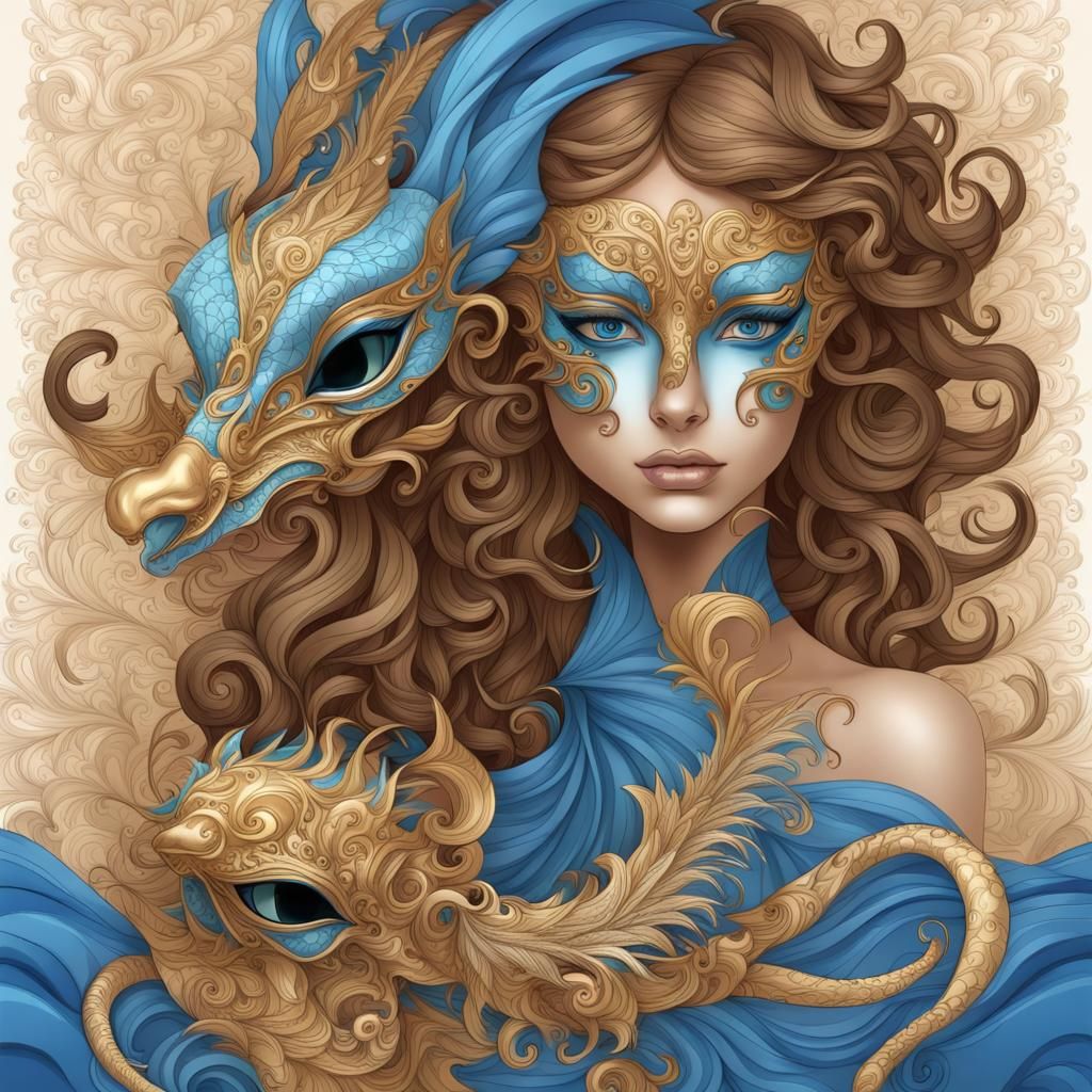 Girl with Dragon and Golden Mask in Abstract Art